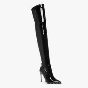 Steve Madden VYVA Rhinestone Black Patent Leather Over-the-Knee Thigh-High Boots